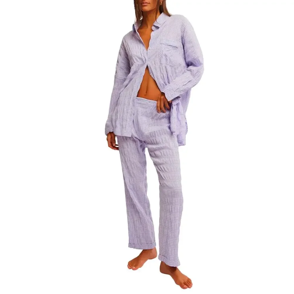 Free People Textured Pajama Shirt Mini Dress Loungewear in Lilac Medium